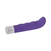 Purple curved G-spot vibrator with textured shaft and silver base featuring two-button controls.