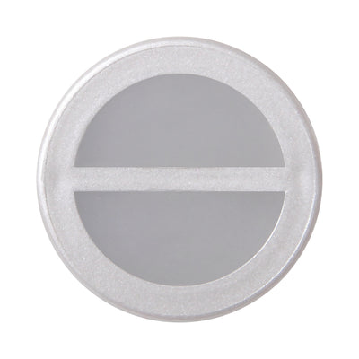 Round silver and gray compact mirror with a horizontal bar across the center.