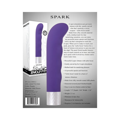 Purple Evolved Spark vibrator with curved tip and textured pearl handle shown with packaging and product features text.