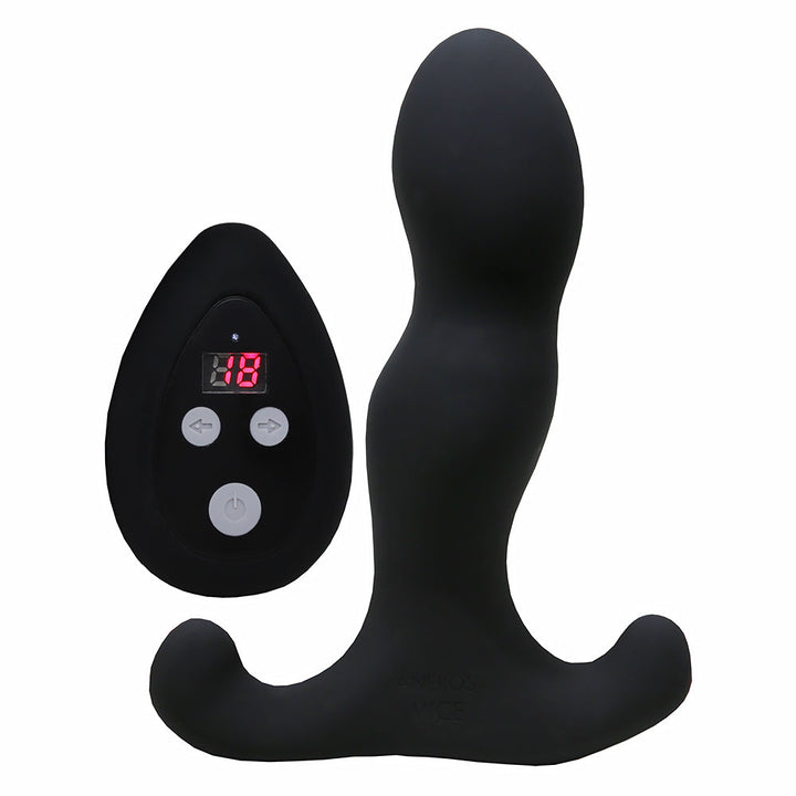 Black Aneros Vice 2 prostate massager with ergonomic shape and wireless remote control with digital display and buttons.