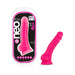 Neon pink 7.5-inch silicone dual density dildo with suction base displayed next to its black and pink packaging.