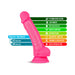 Neon pink 7.5-inch silicone dual density dildo with suction cup base and labeled features on a white background.