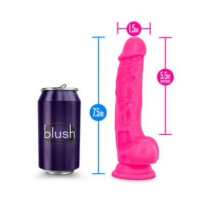 Bright pink 7.5-inch silicone dildo with suction base shown next to a soda can for size comparison.