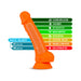 Orange 7.5-inch silicone dual density dildo with suction base and labeled features on a white background.