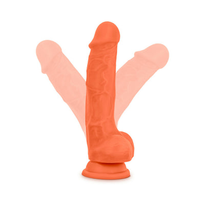 Orange 7.5-inch silicone dual density dildo with suction cup base shown in multiple angled positions.