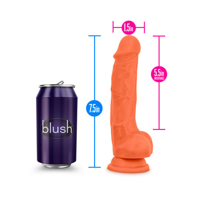 Orange 7.5 inch silicone dildo with suction base next to a soda can for size comparison and measurement details.