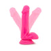 Bright pink silicone dildo with suction cup base shown in multiple angled positions on white background.