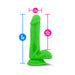 Green 6-inch silicone dual density dildo with suction base and detailed measurements for length and width.