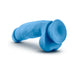 Blue silicone dual density dildo with suction cup base and realistic texture, 7 inches long.