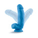 Blue Neo Elite 7-inch silicone dual density dildo with suction cup base and realistic texture shown in upright and angled positions.