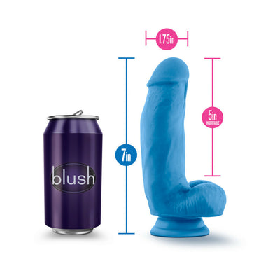 Blue 7-inch silicone dildo with suction base next to a soda can for size comparison and measurement details.