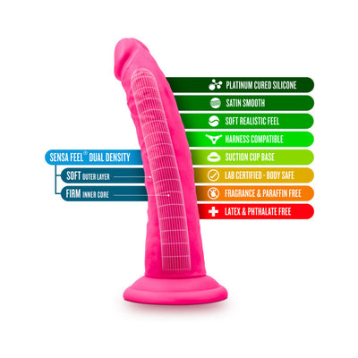 Neo Elite 7.5in neon pink silicone dual density dildo with suction cup base and product feature highlights.