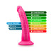 Neo Elite 7.5in neon pink silicone dual density dildo with suction cup base and product feature highlights.