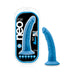 Blue 7.5 inch silicone dual density dildo with suction base next to its black and blue packaging.