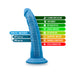 Blue 7.5-inch silicone dual density dildo with suction cup base and labeled features for safe, realistic use.