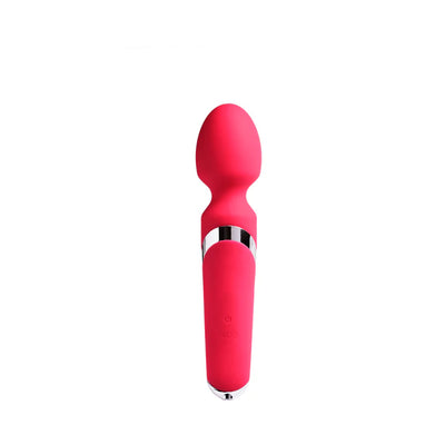 Sleek red rechargeable wand massager with flexible head and chrome accents on a white background.