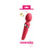 Pink Wanda rechargeable wand with flexible head and sleek design shown in white retail packaging.