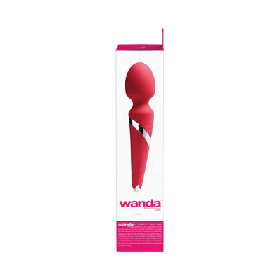 Red Wanda rechargeable wand massager with sleek silver accent, shown in its white and pink retail packaging.