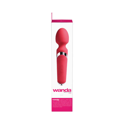 Packaging box featuring the red Wanda rechargeable wand with a flexible head and sleek design.