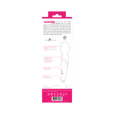 Packaging back of Wanda Rechargeable Wand showing product features and specifications in pink and white design.