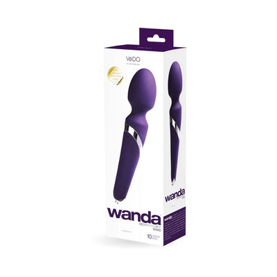 Packaging of the purple Wanda rechargeable wand with sleek design and silver accent, highlighting 10 vibration modes.