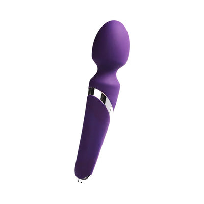 Purple rechargeable wand massager with flexible head and sleek silver accent, designed for comfort and versatility.