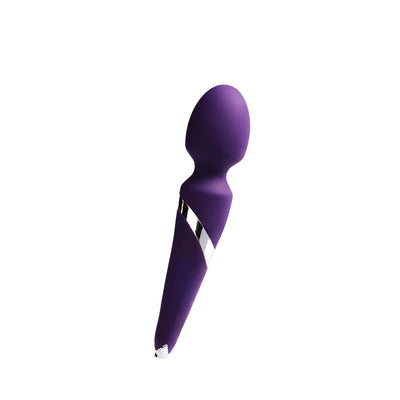 Purple rechargeable wand massager with curved head and silver accent, designed for comfort and versatile use.
