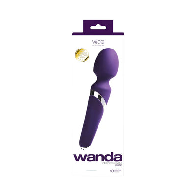 Purple Wanda rechargeable wand with a flexible head and sleek handle shown on white packaging.