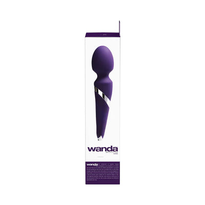 Purple Wanda rechargeable wand with a sleek curved design and silver accent, shown in its white and purple packaging.