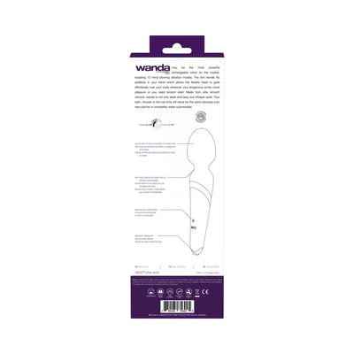 Packaging back of Wanda Rechargeable Wand showing product features, specifications, and usage instructions in purple and white design.