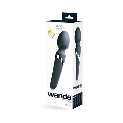 Packaging box of the Wanda Rechargeable Wand in black with silver accents, featuring product image and branding.