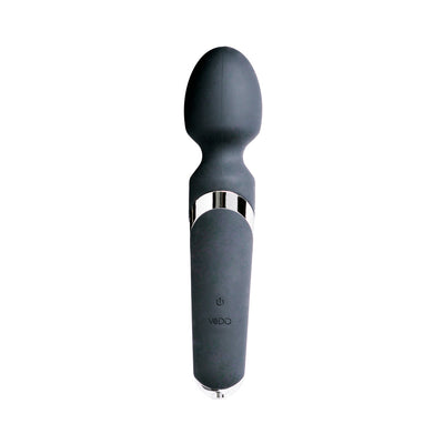 Sleek black rechargeable wand massager with flexible head and silver accent, designed for comfort and quiet use.