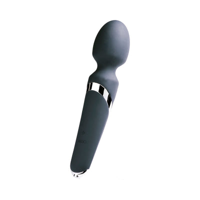 Sleek gray rechargeable wand massager with flexible head and chrome accents, designed for targeted body relaxation.