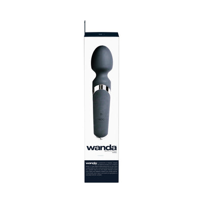 Packaging box of Wanda Rechargeable Wand in black silicone with a flexible head and sleek design.