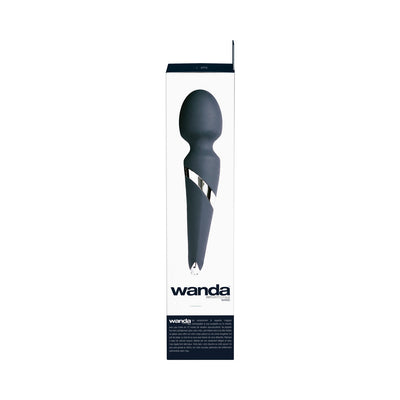 Packaging box of Wanda Rechargeable Wand showing the sleek black wand with silver accent on a white background.