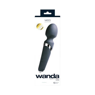 Wanda Rechargeable Wand in sleek black with ergonomic design and silver accents, shown in its retail packaging.