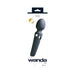 Wanda Rechargeable Wand in sleek black with ergonomic design and silver accents, shown in its retail packaging.