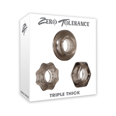 Triple thick smoke-colored cock ring trio with circle, star, and hexagon shapes on white Zero Tolerance packaging.