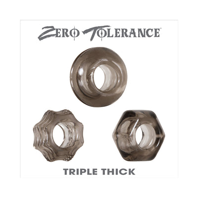 Set of three thick smoke-colored cock rings in circle, star, and hexagon shapes with Zero Tolerance branding above.