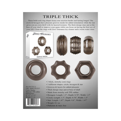 Triple thick smoke-colored cock ring trio with circle, hexagon, and star shapes featuring textured grooves for enhanced sensation.