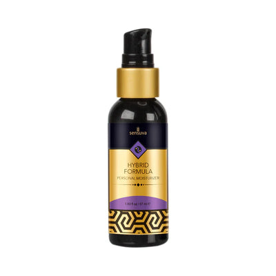 Bottle of Sensuva Hybrid Formula personal moisturizer with black and gold label and pump dispenser