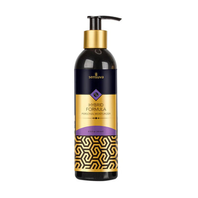 Bottle of Sensuva Hybrid Formula personal moisturizer with black, gold, and purple geometric design and pump dispenser