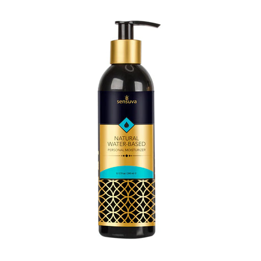 Sensuva Natural Water-Based Personal Moisturizer in an 8 fl. oz. black bottle with gold and blue label and pump dispenser.
