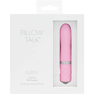 Pink mini massager with quilted handle and crystal button in white Pillow Talk Flirty packaging box