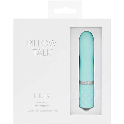 BMS Pillow Talk Flirty bullet vibrator in turquoise with quilted handle and crystal accent in white packaging.