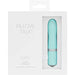 BMS Pillow Talk Flirty bullet vibrator in turquoise with quilted handle and crystal accent in white packaging.