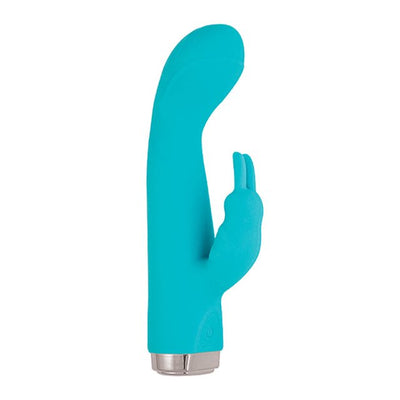 Blue silicone ergonomic vibrator with rabbit-shaped clitoral stimulator and silver base.