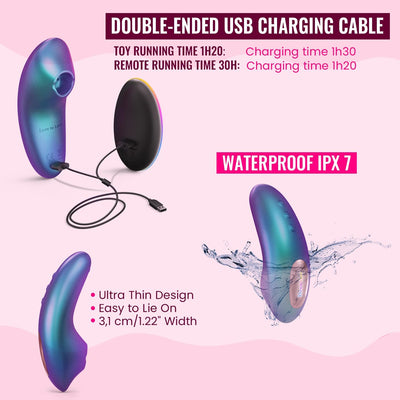 Love To Love Dreamer iridescent berry vibrator with double-ended USB charging cable, waterproof design, and ultra-thin shape.