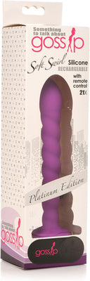 Packaging of Gossip Soft Swirl Platinum Edition rechargeable silicone toy in magenta with remote control visible through window box.