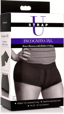 Packaging of Incognito 3XL boxer harness with hidden O-ring, featuring black supportive shorts worn on a model's hips.